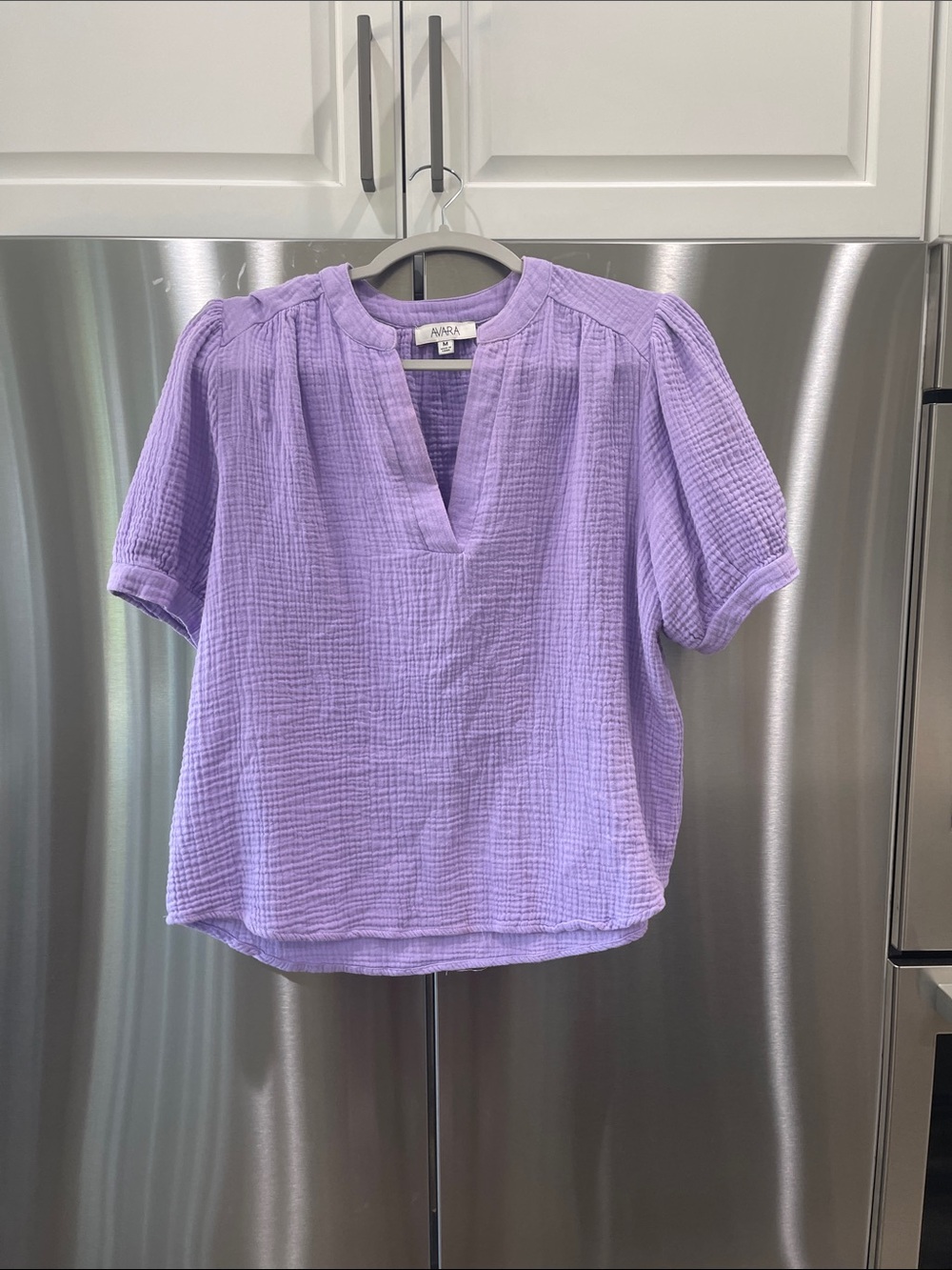 AVARA Lavender Split-Neck Gauze Short Sleeve Blouse